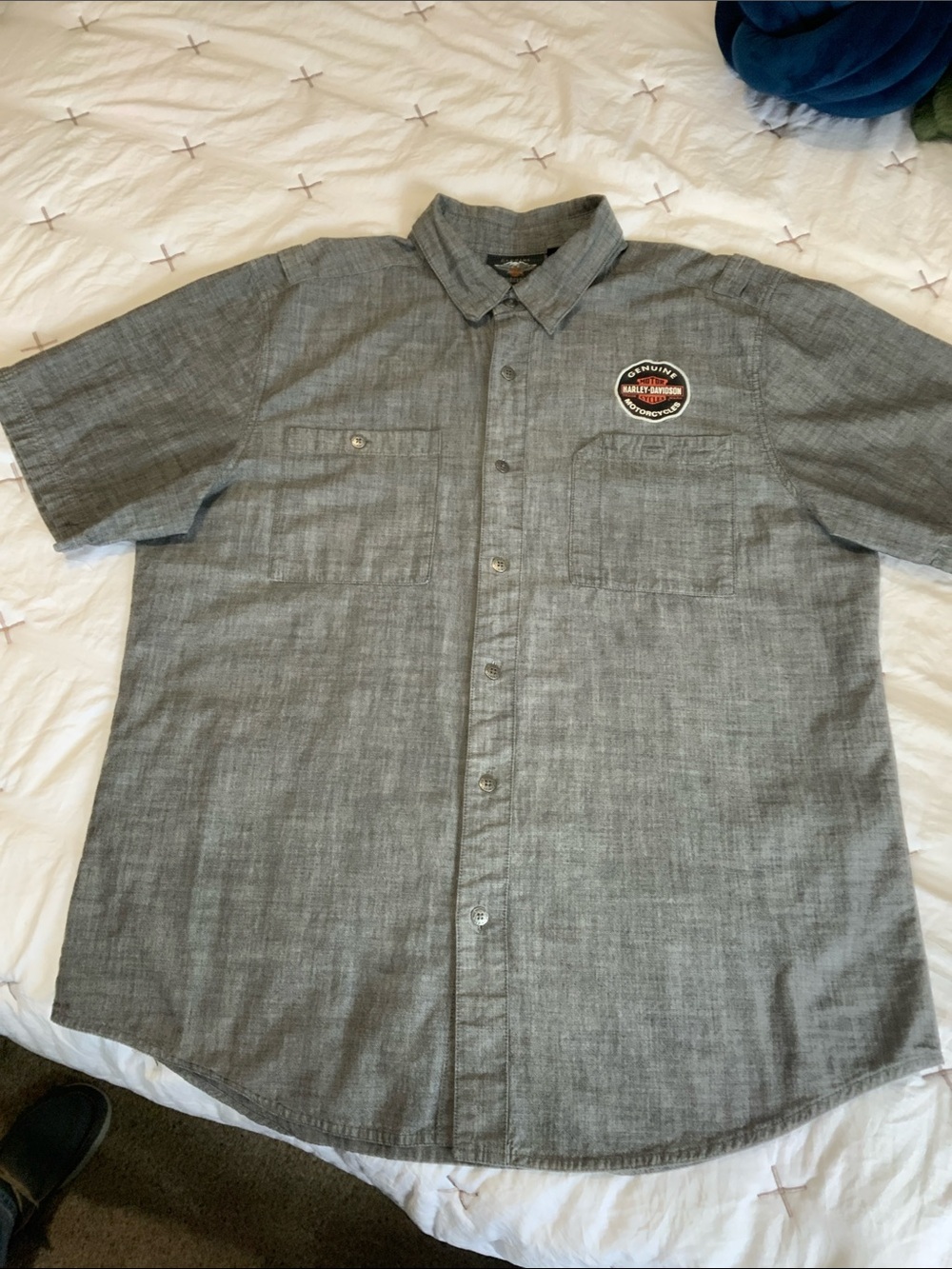 Harley-Davidson Gray Short Sleeve Button-Up Work Shirt with Patch